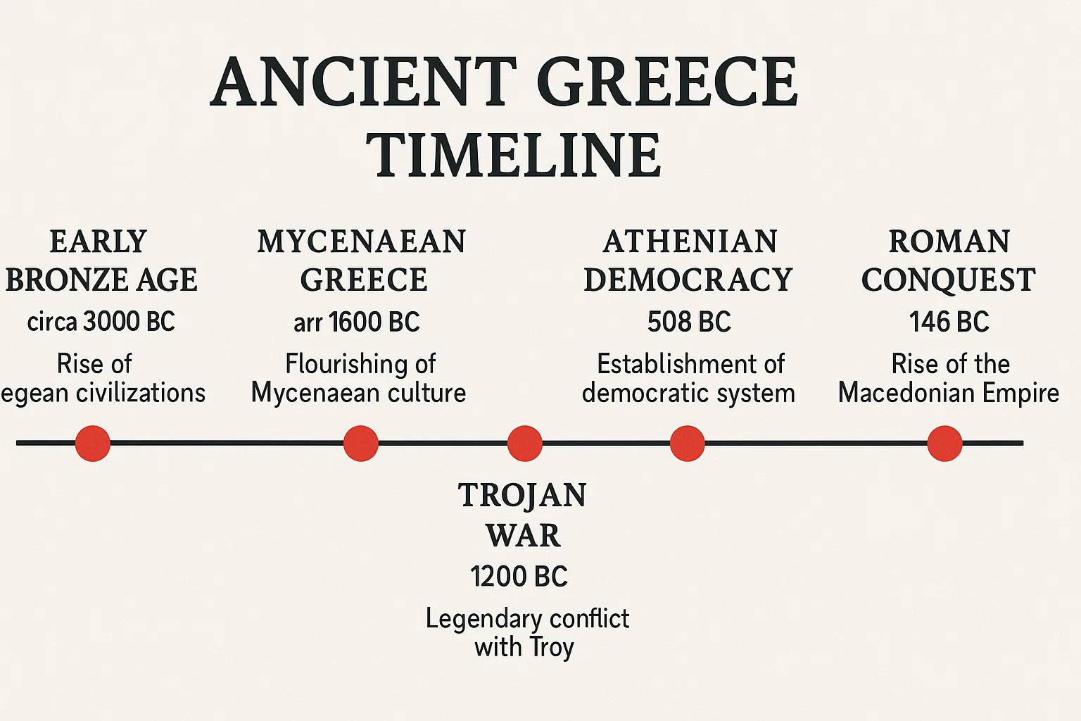 Simplified Ancient Greece timeline highlighting major events such as the Early Bronze Age (3000 BC), Mycenaean Greece (1600 BC), Trojan War (1200 BC), rise of Athenian Democracy (508 BC), and Roman Conquest (146 BC).