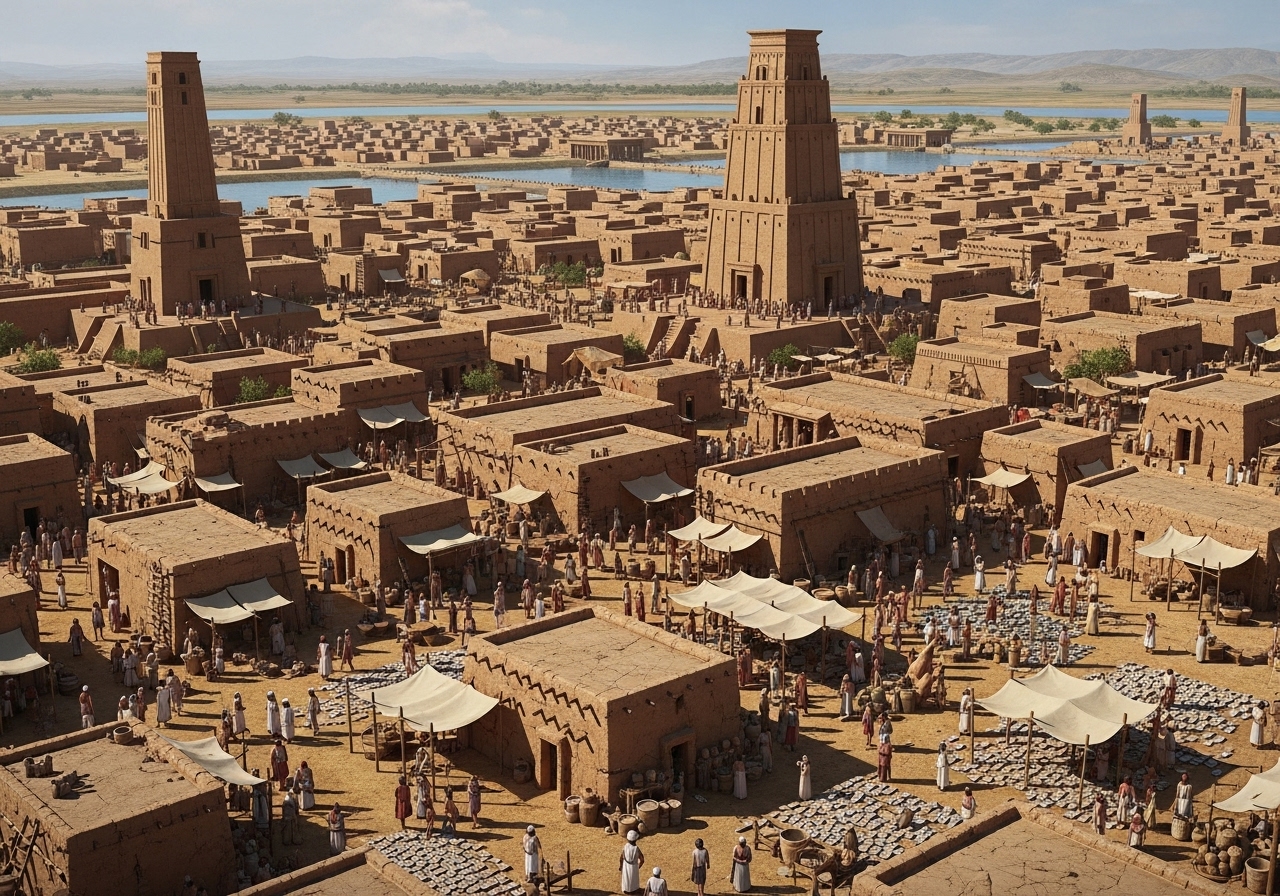 A digital concept illustration depicting the ancient Mesopotamian city of Uruk, showing ziggurats, walls, and markets. Reflects the grandeur of one of the world’s first urban civilizations. 