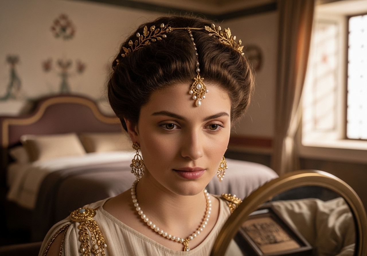 An elite Roman woman adorning herself with gold necklaces, rings, bracelets, and pearl earrings, seated in a richly decorated Roman room, reflecting the wealth and status of noble families.