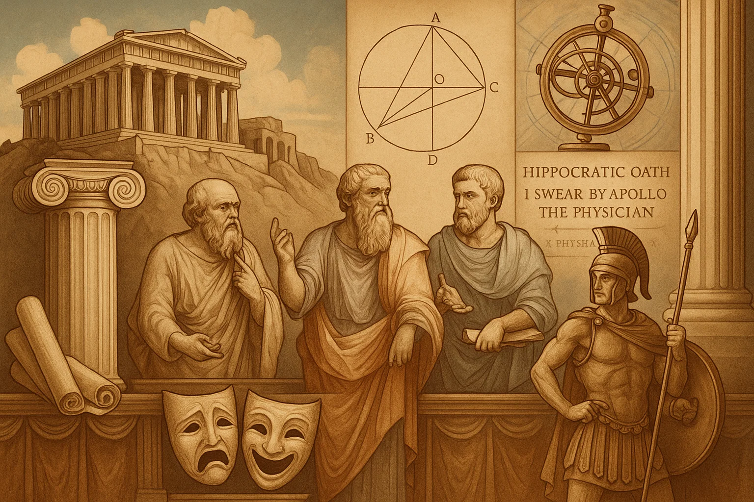 A symbolic illustration of Ancient Greece's legacy, featuring classical philosophers Socrates, Plato, and Aristotle discussing ideas, the Parthenon in the background, a soldier in traditional armor, Euclidean geometry, an ancient astronomical instrument, the Hippocratic Oath, theatrical masks, and scrolls—highlighting Greece’s influence on politics, science, philosophy, medicine, and art.