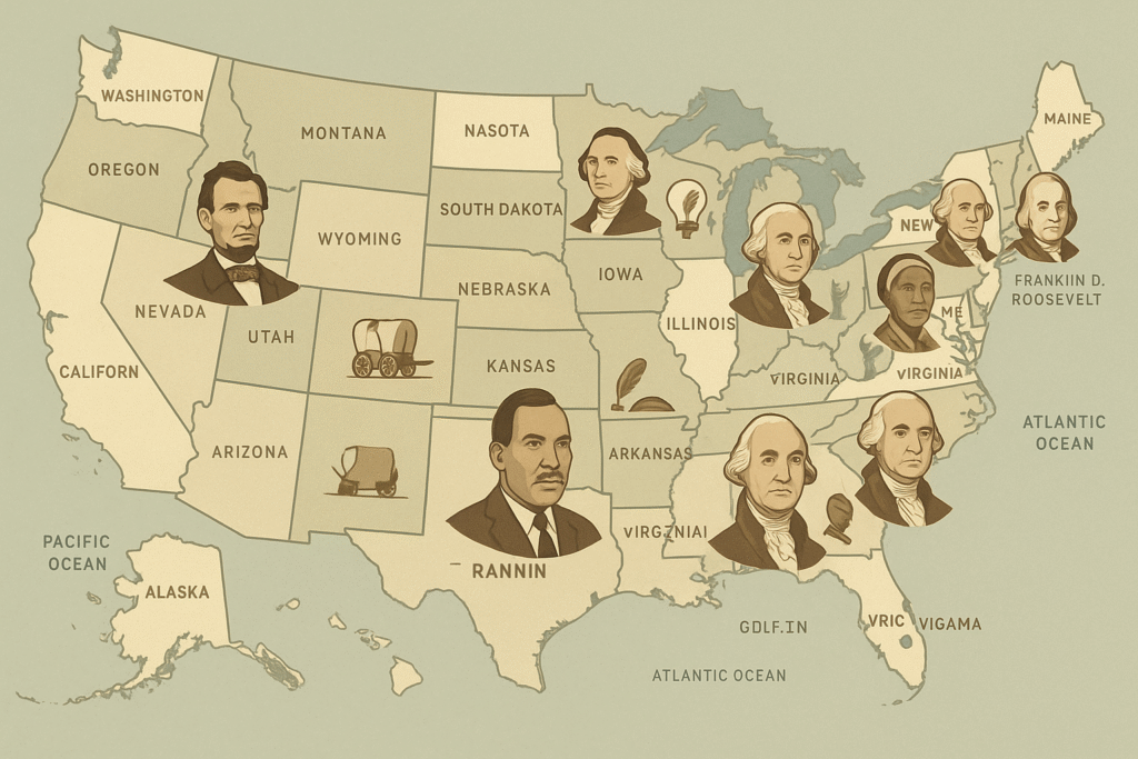 A detailed map of the USA showing key states with icons or portraits of America’s most influential historical figures placed according to their regions, including Abraham Lincoln (Illinois), George Washington (Virginia), Thomas Jefferson (Virginia), and others. The design combines vintage style with modern infographic elements for educational use.
