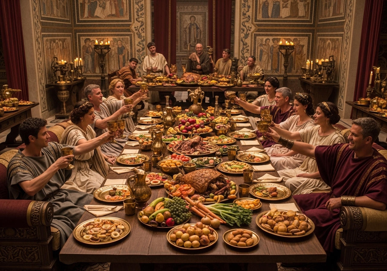 A detailed artwork showing an ancient Roman banquet in a triclinium, with reclining guests, servants serving multi-course meals, and elaborate table settings—highlighting the opulence of upper-class Roman dining.