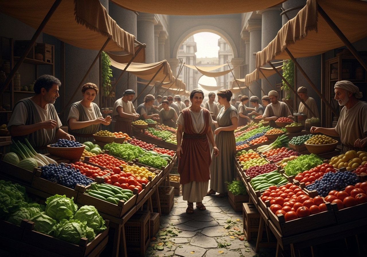 Vivid depiction of a bustling Roman marketplace with vendors selling fruits, vegetables, nuts, grains, and fish, representing the diversity of the Roman diet.