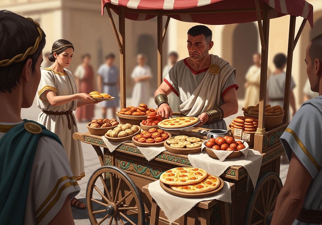 Artistic reconstruction of a Roman street vendor selling simple food items like bread, cheese, and olives—depicting the everyday culinary life of common Roman citizens.
