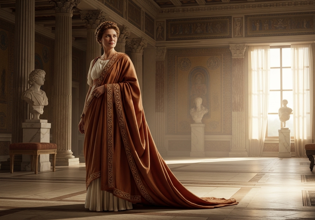 A noble Roman woman wearing a floor-length stola over an undertunic, with visible decorative borders (instita), belted at the waist, standing in an opulent Roman atrium, symbolizing her married status.