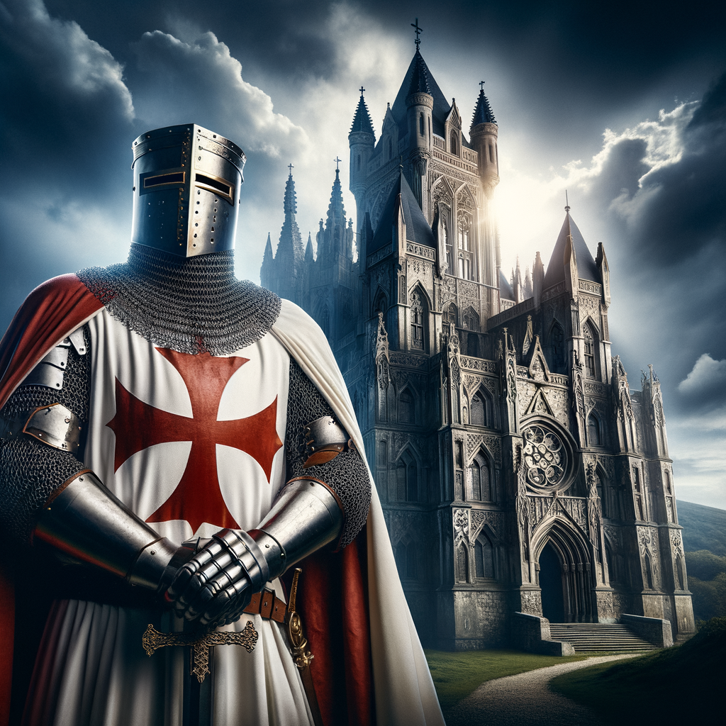 A medieval Knights Templar in white armor with a red cross, standing in front of a Gothic castle
