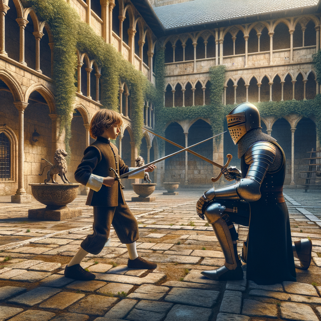 A young medieval squire training with a wooden sword in a castle courtyard