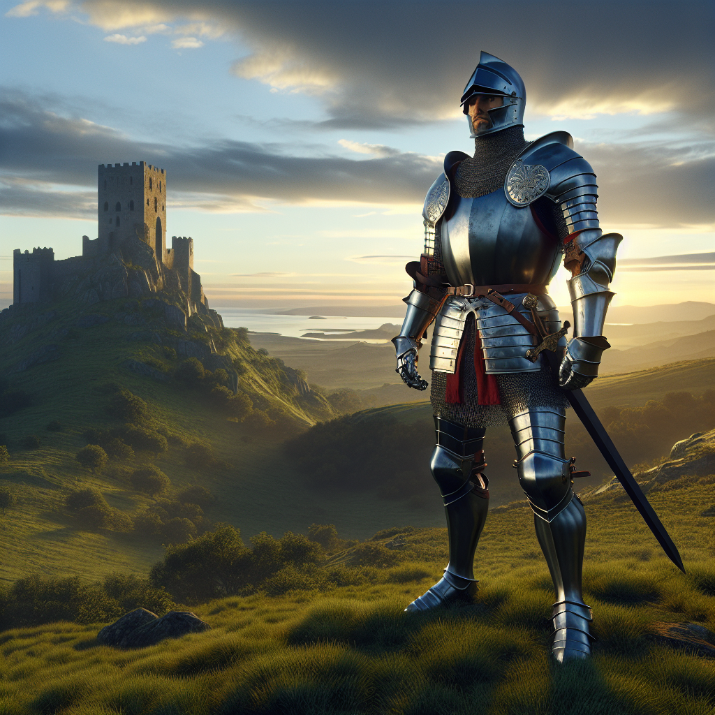 William Marshal charging into battle on horseback wearing chainmail and a lion-emblazoned surcoat