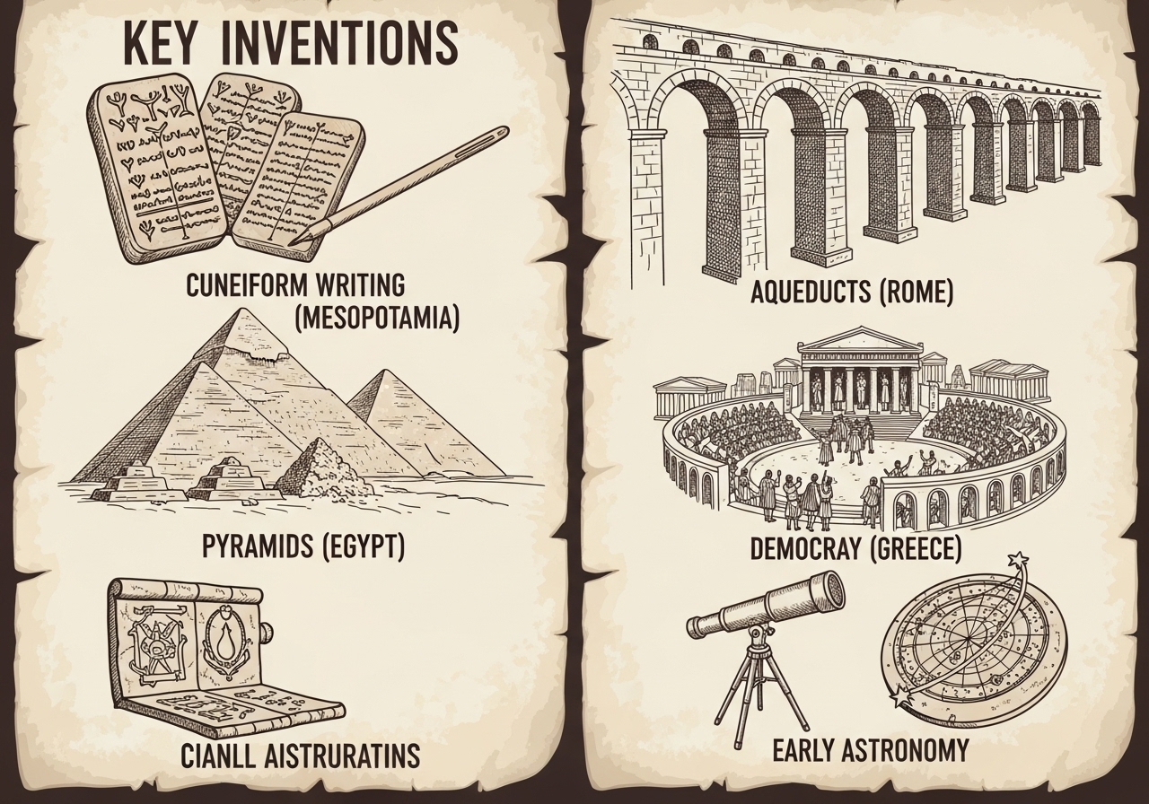 An educational infographic highlighting major innovations such as cuneiform writing, the solar calendar, monumental architecture, and democracy—presented in a clean and modern design. 