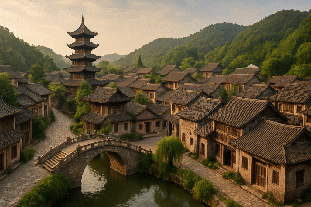Daily life in ancient China village with people farming and trading