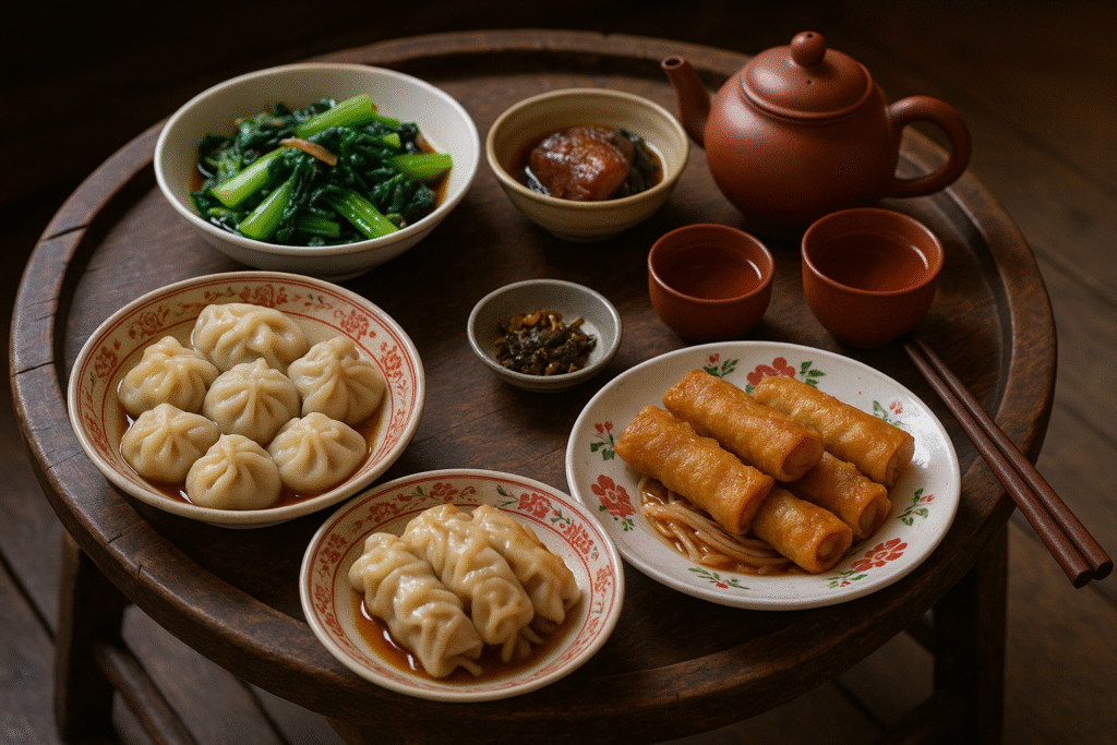 Ancient Chinese cuisine and tea culture with traditional dishes