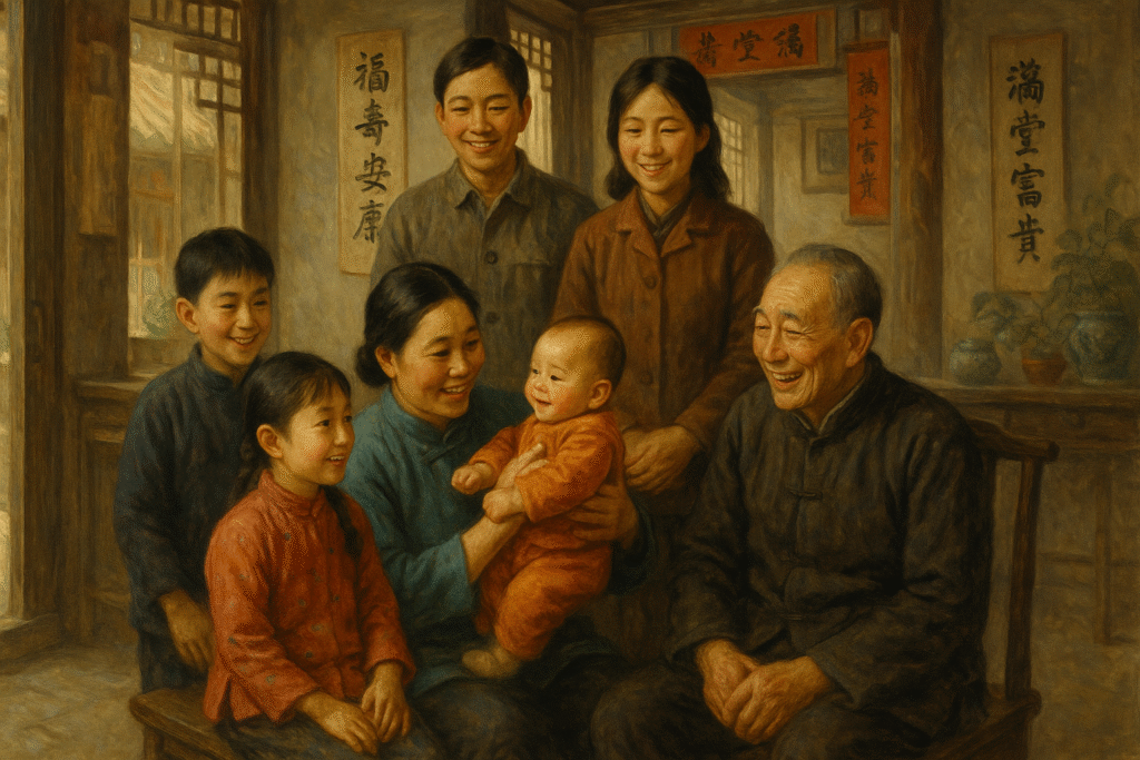 Traditional Chinese family roles with men outside and women managing home
