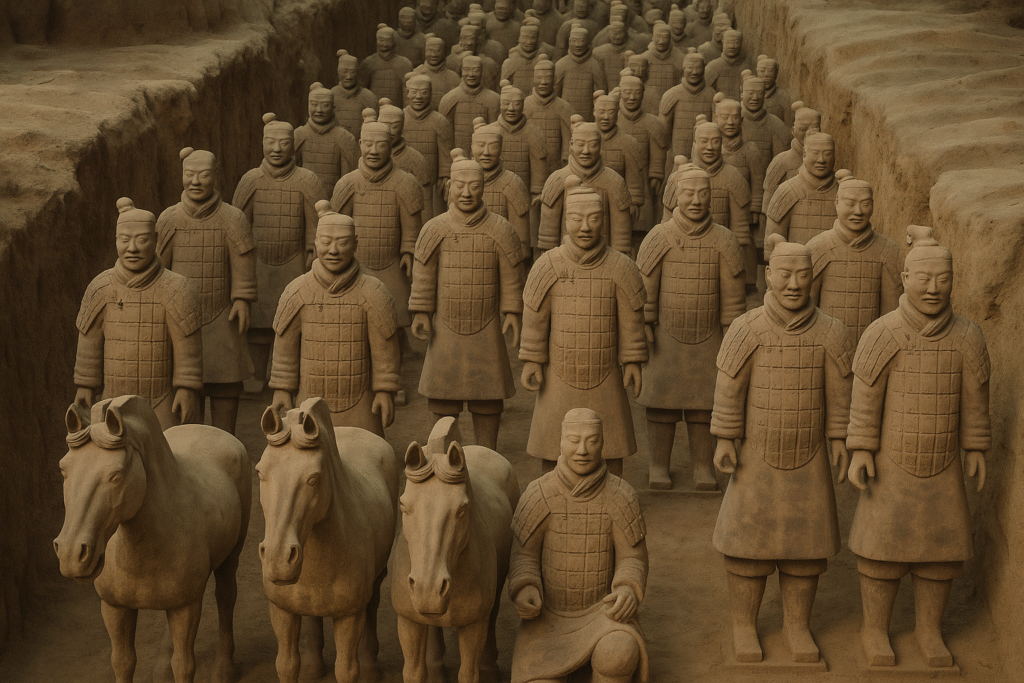 The Terracotta Army, a vast collection of sculpted clay warriors and horses from the Qin Dynasty in China. The image shows several rows of the life-sized figures, giving a sense of the scale of the site.