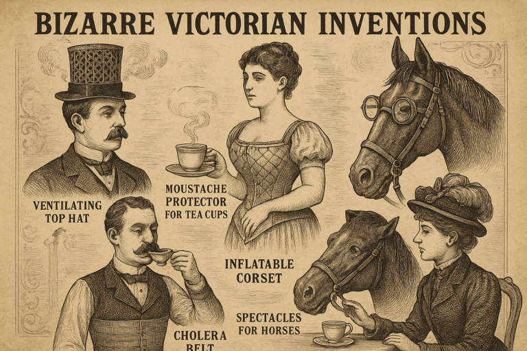 Weird Victorian inventions collage – failed 19th-century gadgets in antique illustration style.